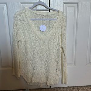White/cream V neck sweater with frayed ends, NWT